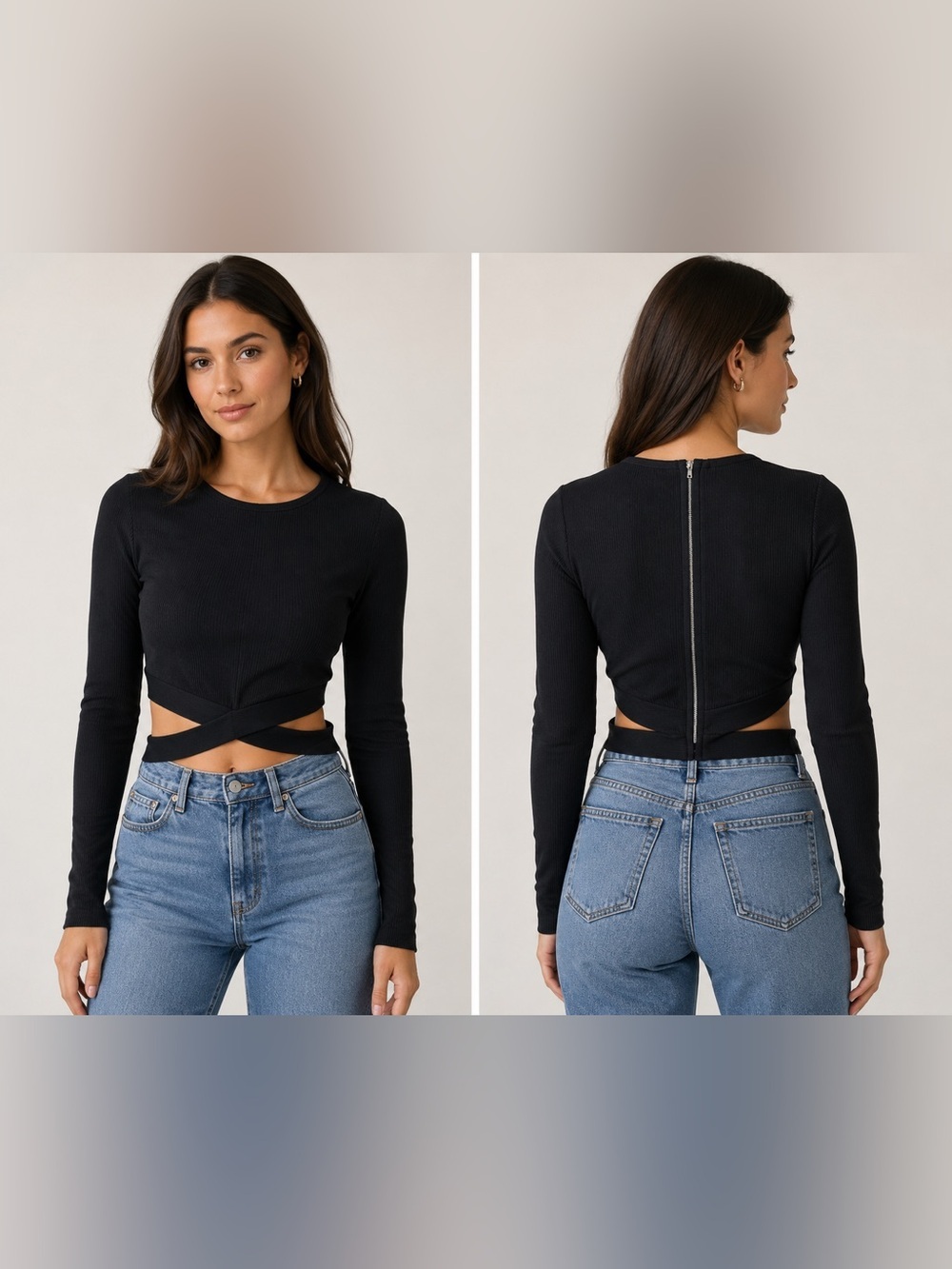 NWT Lucy Paris Black Ribbed Long Sleeve Wrap Cutout Crop Top L Large